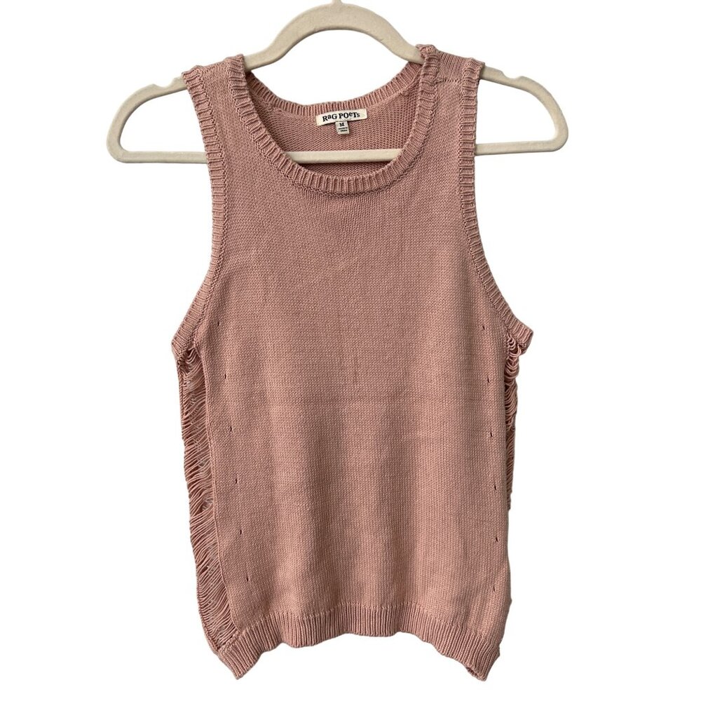 Rag Poets Tank Top Size Medium Pink Distressed Fringe Detail Knit Sleeveless